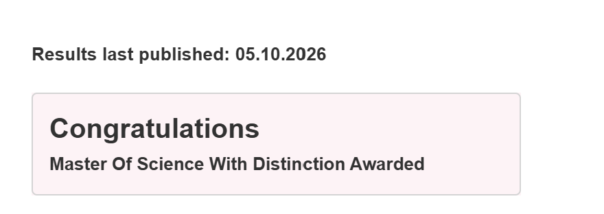 LSBU results portal confirming Master of Science with Distinction awarded